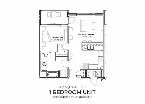 Floor plan for 1 bed, 1 bath, 682 sqft